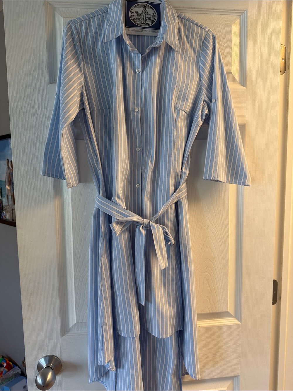 Emerald Sunday Striped Button-Front Shirt Dress in Light Blue and White